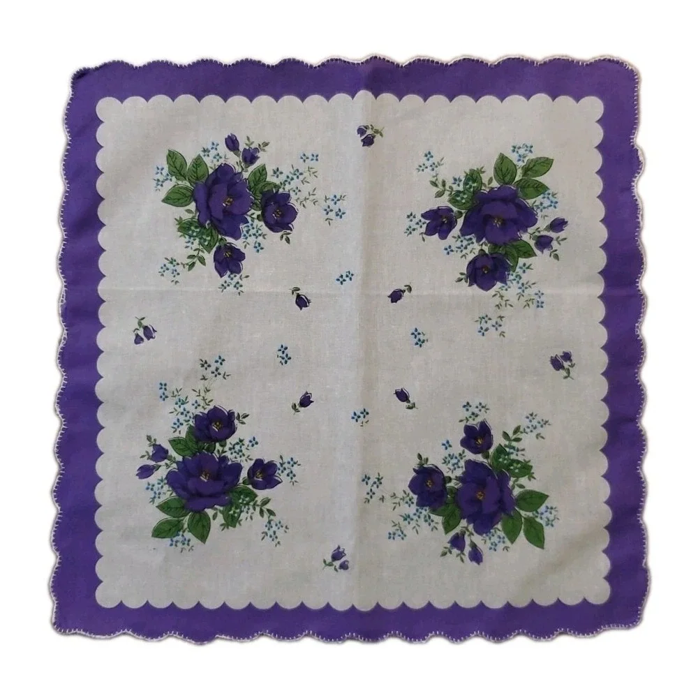 Linen Purple Poppies Floral Handkerchief Scalloped Cottage Core Bridesmaid
